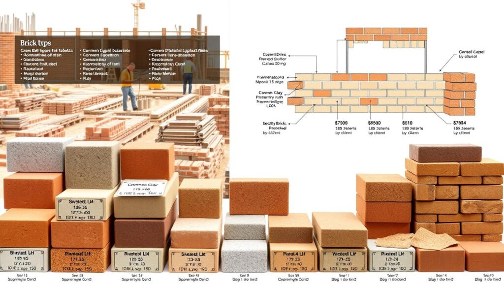 A detailed, technical illustration showcasing an assortment of brick types and their key specifications. The foreground features a clean, well-lit display of various brick samples, including common clay, concrete, and specialty bricks, each labeled with their dimensions, weight, and other relevant properties. The middle ground depicts a construction site, with bricklayers meticulously laying the bricks in a variety of patterns. In the background, a clean, architectural diagram outlines the brick composition and structure of a typical masonry wall, providing a visual reference for the information presented. The overall mood is informative and educational, with a focus on the practical, technical aspects of brick construction.