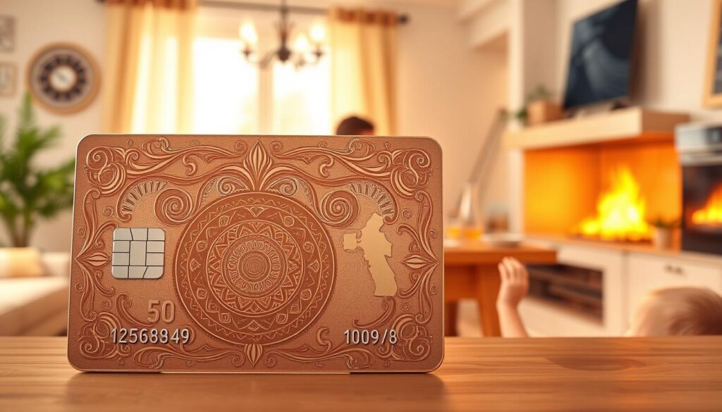 A high-quality digital illustration depicting a large family's gas discount card against a warm, cozy background. The card is prominently featured in the foreground, with intricate designs and a glossy, embossed surface that catches the light. In the middle ground, a family of four - parents and two children - is gathered around a kitchen table, enjoying a meal together. The background features a softly blurred view of a comfortable living room, with a gas fireplace providing a gentle glow. The overall scene conveys a sense of domestic tranquility and the benefits of the family discount program. A high-quality digital illustration depicting a large family's gas discount card against a warm, cozy background. The card is prominently featured in the foreground, with intricate designs and a glossy, embossed surface that catches the light. In the middle ground, a family of four - parents and two children - is gathered around a kitchen table, enjoying a meal together. The background features a softly blurred view of a comfortable living room, with a gas fireplace providing a gentle glow. The overall scene conveys a sense of domestic tranquility and the benefits of the family discount program.