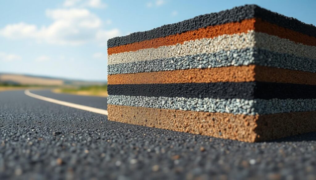 A large, detailed cross-section of asphalt road construction, showcasing the various layers and materials that contribute to its cost. The foreground depicts the finished road surface, with a smooth, uniform texture and rich, dark color. The middle ground reveals the underlying structure, including the compacted soil base, gravel sub-base, and multiple layers of asphalt and binder. The background fades into a softly blurred landscape, allowing the technical details to take center stage. Bright, directional lighting accentuates the textures and highlights the intricate composition of the road's composition. A sense of solidity and durability permeates the scene, conveying the importance of proper asphalt construction and its associated costs. A large, detailed cross-section of asphalt road construction, showcasing the various layers and materials that contribute to its cost. The foreground depicts the finished road surface, with a smooth, uniform texture and rich, dark color. The middle ground reveals the underlying structure, including the compacted soil base, gravel sub-base, and multiple layers of asphalt and binder. The background fades into a softly blurred landscape, allowing the technical details to take center stage. Bright, directional lighting accentuates the textures and highlights the intricate composition of the road's composition. A sense of solidity and durability permeates the scene, conveying the importance of proper asphalt construction and its associated costs.