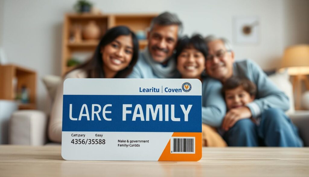 A large family ID card against a warm, inviting background. In the foreground, the card itself is prominently displayed, its design featuring bold colors, clean typography, and an official government seal. In the middle ground, family members of diverse ages and ethnicities gather closely together, smiling and embracing, conveying a sense of togetherness and community. The background is softly blurred, suggesting a cozy domestic setting, perhaps a living room or kitchen, with subtle hints of home decor elements. The lighting is natural and diffused, creating a welcoming, family-friendly atmosphere. The overall composition and mood should emphasize the concept of a "Large Family Card" as a symbol of familial support and governmental assistance. A large family ID card against a warm, inviting background. In the foreground, the card itself is prominently displayed, its design featuring bold colors, clean typography, and an official government seal. In the middle ground, family members of diverse ages and ethnicities gather closely together, smiling and embracing, conveying a sense of togetherness and community. The background is softly blurred, suggesting a cozy domestic setting, perhaps a living room or kitchen, with subtle hints of home decor elements. The lighting is natural and diffused, creating a welcoming, family-friendly atmosphere. The overall composition and mood should emphasize the concept of a "Large Family Card" as a symbol of familial support and governmental assistance.