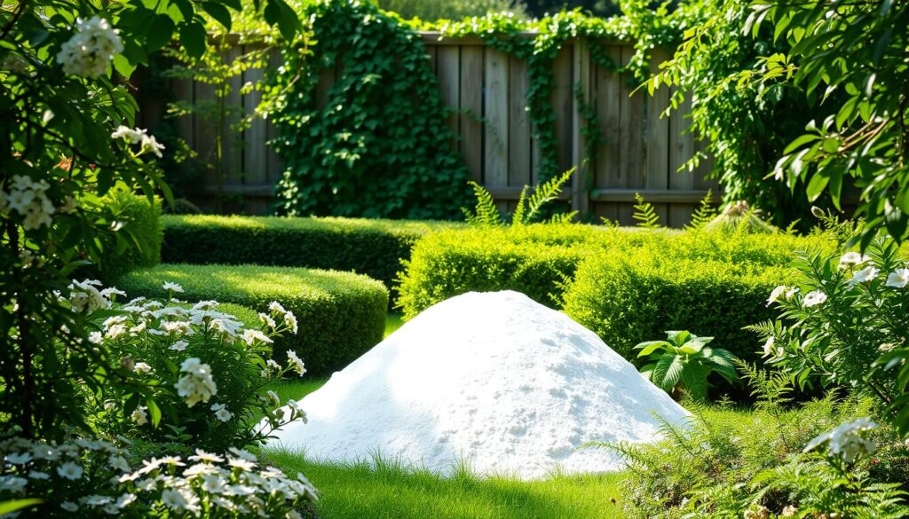 A lush garden oasis, with a mound of hydrated lime prominently displayed in the foreground. The lime, a brilliant white against the verdant backdrop, casts a soft, diffused glow as sunlight filters through the surrounding foliage. Delicate flowers and ferns frame the scene, creating a serene and tranquil atmosphere. In the middle ground, neatly manicured hedges and shrubs accentuate the orderly, well-tended nature of the garden. The background features a wooden fence, partially obscured by trailing vines and lush greenery, adding depth and a sense of enclosure to the composition. The overall lighting is soft and natural, with subtle shadows and highlights that lend depth and dimensionality to the image. A lush garden oasis, with a mound of hydrated lime prominently displayed in the foreground. The lime, a brilliant white against the verdant backdrop, casts a soft, diffused glow as sunlight filters through the surrounding foliage. Delicate flowers and ferns frame the scene, creating a serene and tranquil atmosphere. In the middle ground, neatly manicured hedges and shrubs accentuate the orderly, well-tended nature of the garden. The background features a wooden fence, partially obscured by trailing vines and lush greenery, adding depth and a sense of enclosure to the composition. The overall lighting is soft and natural, with subtle shadows and highlights that lend depth and dimensionality to the image.