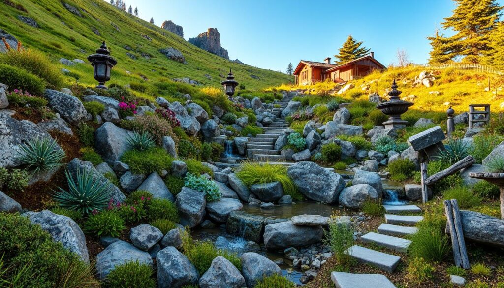 A lush, rocky garden nestled on a verdant hillside, bathed in warm, golden sunlight. Diverse alpine plants cascade over rugged stone formations, creating a harmonious blend of textures and hues. Trickling water features gently meander through the landscape, reflecting the soft azure sky above. Carefully placed boulders and weathered wooden accents add depth and character, while inviting pathways wind through the serene scene. The overall atmosphere evokes a sense of tranquility and natural harmony, perfectly capturing the essence of an enchanting rocky garden. A lush, rocky garden nestled on a verdant hillside, bathed in warm, golden sunlight. Diverse alpine plants cascade over rugged stone formations, creating a harmonious blend of textures and hues. Trickling water features gently meander through the landscape, reflecting the soft azure sky above. Carefully placed boulders and weathered wooden accents add depth and character, while inviting pathways wind through the serene scene. The overall atmosphere evokes a sense of tranquility and natural harmony, perfectly capturing the essence of an enchanting rocky garden.