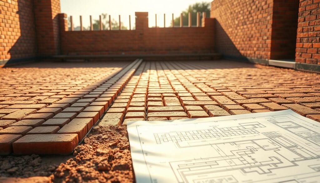 A meticulous construction site, with a carefully laid grid of bricks on the ground, each one meticulously measured and counted. The scene is bathed in warm, natural sunlight, casting long shadows that highlight the precise layout. In the foreground, a blueprint or architectural diagram is visible, guiding the placement of the bricks. The background features a partially constructed wall, showcasing the bricklaying process. The overall atmosphere conveys a sense of order, precision, and the careful attention to detail required for calculating the number of bricks per square meter.