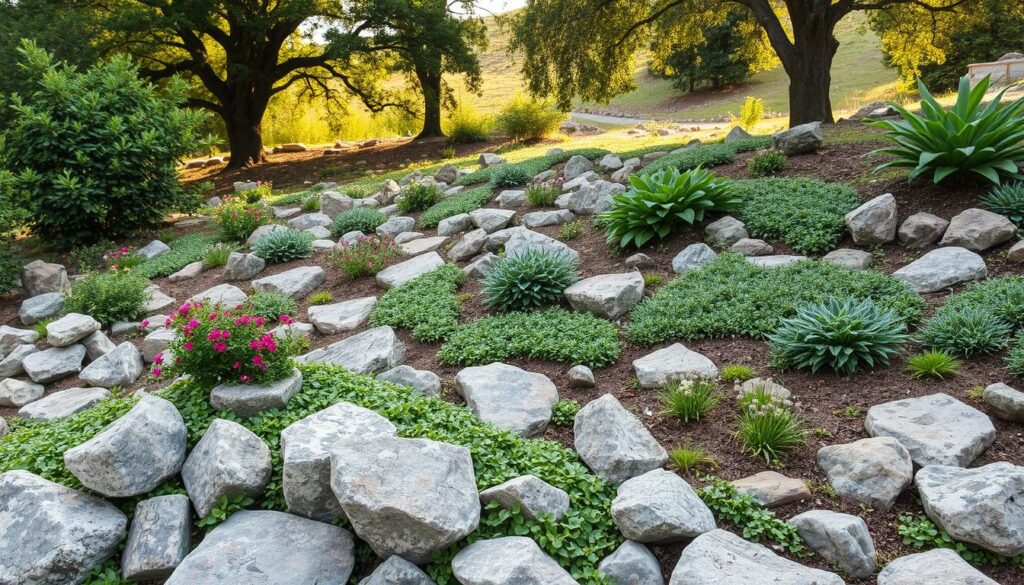 A picturesque rock garden nestled on a hillside, with an intricate arrangement of weathered stones, lush greenery, and delicate flowering plants. The foreground features a focal point of carefully curated rocks, strategically placed to create a sense of depth and visual interest. The middle ground showcases a harmonious mix of low-growing ground covers and trailing vines, adding texture and a natural, organic feel. In the background, a gently sloping terrain is framed by mature trees, casting warm, dappled lighting across the scene. The overall composition exudes a serene, contemplative atmosphere, inviting the viewer to immerse themselves in the tranquil beauty of this meticulously planned rockery. A picturesque rock garden nestled on a hillside, with an intricate arrangement of weathered stones, lush greenery, and delicate flowering plants. The foreground features a focal point of carefully curated rocks, strategically placed to create a sense of depth and visual interest. The middle ground showcases a harmonious mix of low-growing ground covers and trailing vines, adding texture and a natural, organic feel. In the background, a gently sloping terrain is framed by mature trees, casting warm, dappled lighting across the scene. The overall composition exudes a serene, contemplative atmosphere, inviting the viewer to immerse themselves in the tranquil beauty of this meticulously planned rockery.