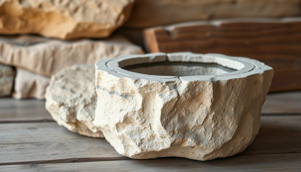 A rustic stone planter resting on a wooden surface, its rough-hewn texture and natural hues complementing the earthy tones of the environment. Soft, natural lighting gently illuminates the irregular shapes and subtle imperfections of the hand-crafted stonework, evoking a sense of timeless craftsmanship. In the foreground, the planter's simple, unadorned design showcases the inherent beauty of the locally sourced stone, inviting the viewer to imagine its potential for a tranquil, nature-inspired display. The overall scene exudes a sense of rustic charm and simple elegance, perfectly suited to showcase the charming appeal of a homemade stone planter.