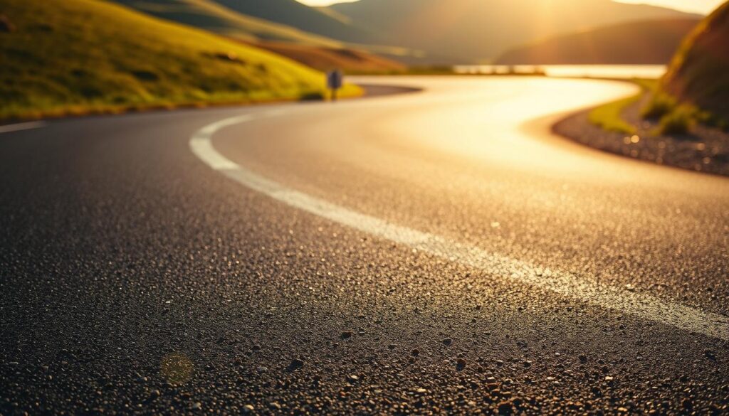 A sun-drenched asphalt road winds through a rolling landscape, the smooth black surface glistening under the warm, golden light. In the foreground, fine gravel and aggregate particles scatter across the pavement, hinting at the raw materials that compose this essential infrastructure. The middle ground reveals the gradual curve of the road, its edge delineated by a crisp white line that guides drivers safely onward. In the distance, lush green hills rise up, framing the scene and conveying a sense of scale and depth. The overall mood is one of tranquility and efficiency, with the asphalt acting as the foundational backbone that supports the flow of modern transportation. A sun-drenched asphalt road winds through a rolling landscape, the smooth black surface glistening under the warm, golden light. In the foreground, fine gravel and aggregate particles scatter across the pavement, hinting at the raw materials that compose this essential infrastructure. The middle ground reveals the gradual curve of the road, its edge delineated by a crisp white line that guides drivers safely onward. In the distance, lush green hills rise up, framing the scene and conveying a sense of scale and depth. The overall mood is one of tranquility and efficiency, with the asphalt acting as the foundational backbone that supports the flow of modern transportation.