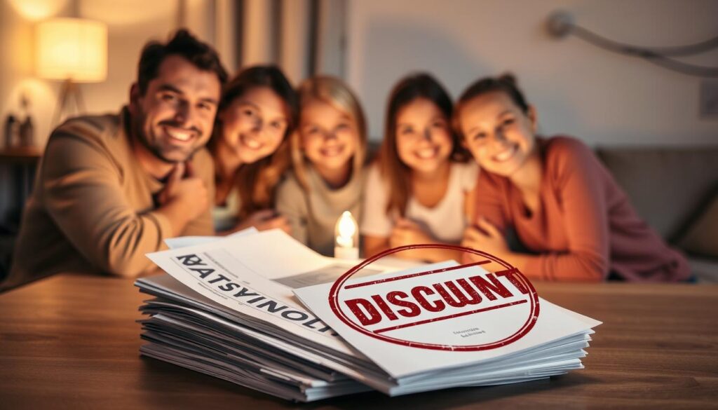 A warm, welcoming family gathered around a glowing table, their faces illuminated by the soft light of a cozy living room. In the foreground, a stack of energy bills and a large, prominent "DISCOUNT" stamp signifying savings on their electricity costs. The background features a subtle pattern of electrical sockets and power lines, hinting at the theme of energy usage and cost-saving measures for households. The overall composition conveys a sense of relief and financial security, reflecting the "Wprowadzenie do tematu" section of the article on Karta Dużej Rodziny's energy discounts. A warm, welcoming family gathered around a glowing table, their faces illuminated by the soft light of a cozy living room. In the foreground, a stack of energy bills and a large, prominent "DISCOUNT" stamp signifying savings on their electricity costs. The background features a subtle pattern of electrical sockets and power lines, hinting at the theme of energy usage and cost-saving measures for households. The overall composition conveys a sense of relief and financial security, reflecting the "Wprowadzenie do tematu" section of the article on Karta Dużej Rodziny's energy discounts.