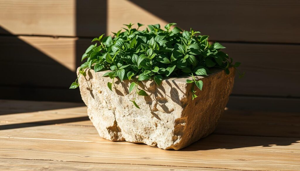 A weathered, rustic stone planter sits on a sun-dappled wooden surface, its rough-hewn edges casting intriguing shadows. The natural, earthy tones of the local fieldstone create an organic, tactile appeal, blending seamlessly with the warm wooden tones. Lush, vibrant greenery spills over the edges, softening the sturdy construction. Gentle side lighting accentuates the textural details of the stone, while a slight vignette frames the scene, evoking a sense of timeless, handcrafted charm. The composition highlights the inherent beauty and versatility of this simple, yet stunning, DIY planter.