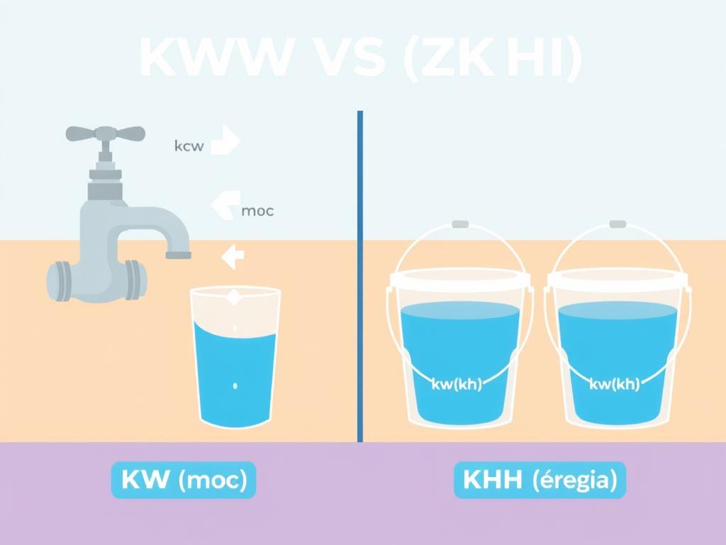 Graficzna analogia przedstawiająca różnicę między kW a kWh za pomocą kranu z wodą