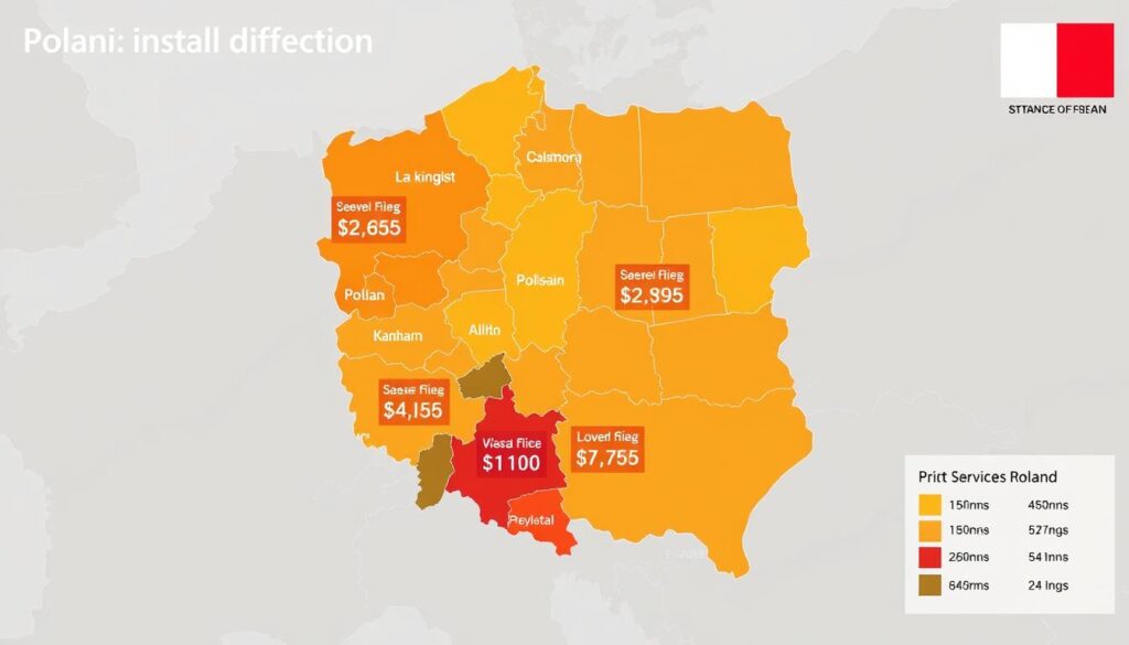 Mapa Polski z oznaczeniem różnic cenowych usług montażowych w różnych regionach