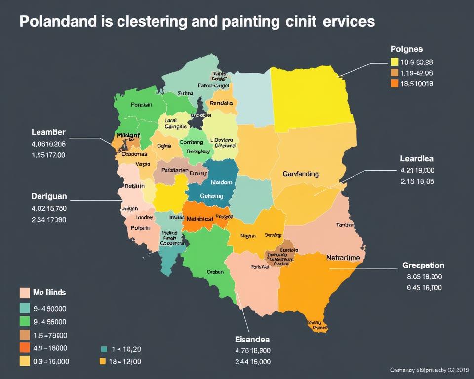 Mapa Polski z oznaczeniem różnic cenowych usług szpachlarskich i malarskich