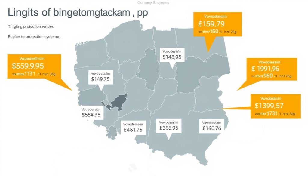Mapa Polski z oznaczonymi cenami instalacji odgromowej w różnych regionach, cennik 2025