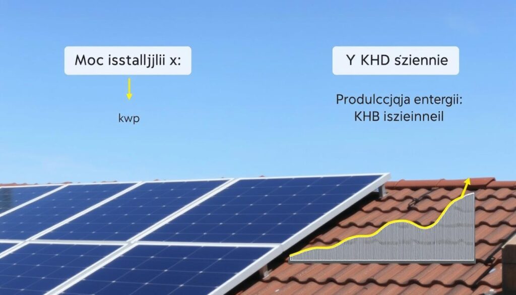 Panele fotowoltaiczne z oznaczeniem mocy w kWp i produkcji energii w kWh