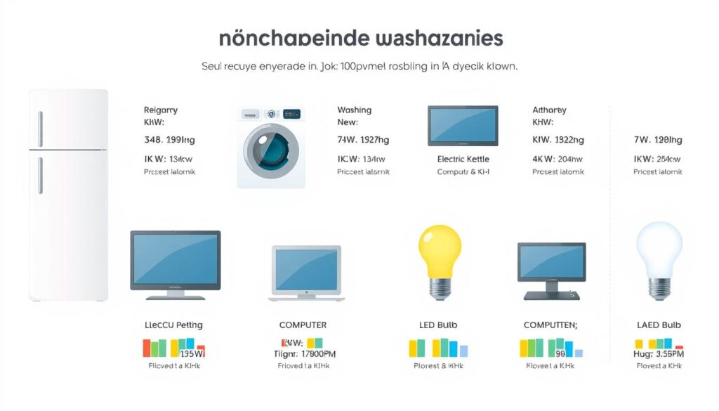 Przykładowe urządzenia domowe z ich typową mocą w kW i zużyciem energii w kWh