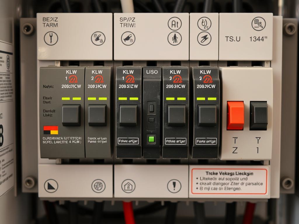 Tablica rozdzielcza z zabezpieczeniami elektrycznymi i oznaczeniami mocy