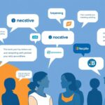 Grafika przedstawiająca koncepcję marketingu szeptanego z ludźmi dzielącymi się opiniami