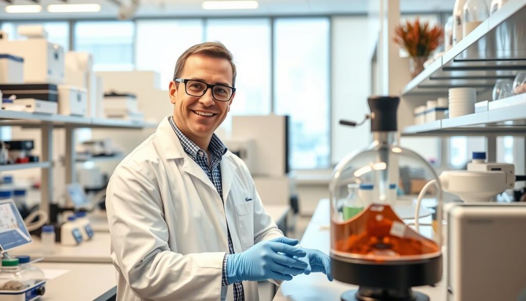 Biotechnolog pracujący nad innowacyjnym projektem, podsumowanie zarobków biotechnologa