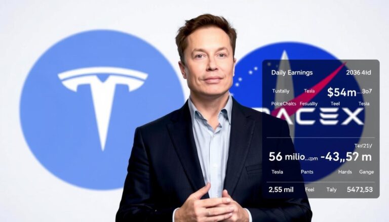 Elon Musk stojący przed logo Tesli i SpaceX, wizualizacja ile zarabia elon musk dziennie