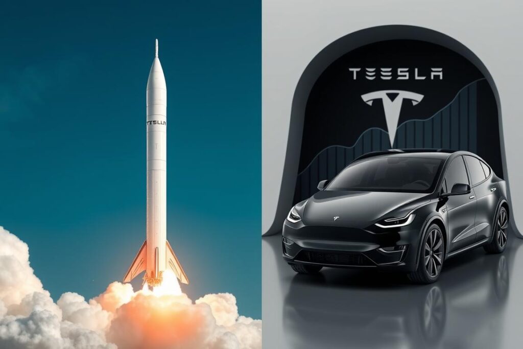 Elon Musk z rakietą SpaceX i samochodem Tesla, symbolizujące jego główne biznesy Elon Musk z rakietą SpaceX i samochodem Tesla, symbolizujące jego główne biznesy