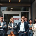 Firma ogłasza upadłość co z pracownikami - pracownicy rozmawiający przed budynkiem firmy