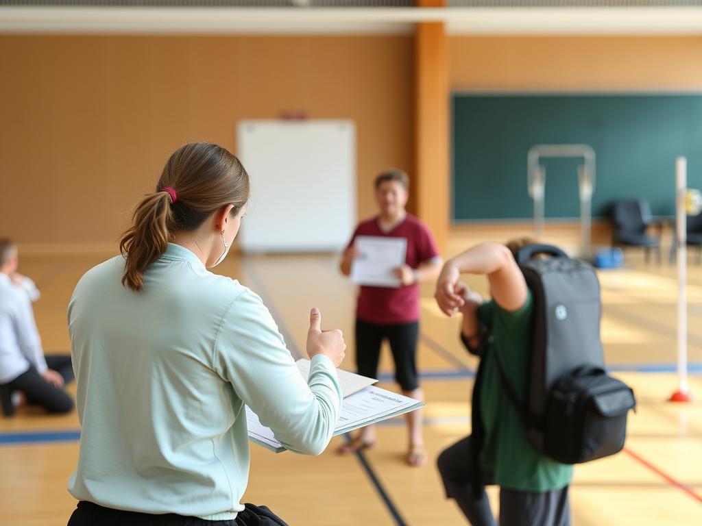 Nauczyciel WF z dodatkowymi kwalifikacjami instruktorskimi podczas specjalistycznych zajęć
