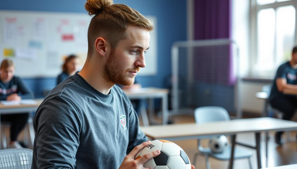 Nauczyciel wychowania fizycznego podczas pracy w szkole, prowadzący zajęcia sportowe