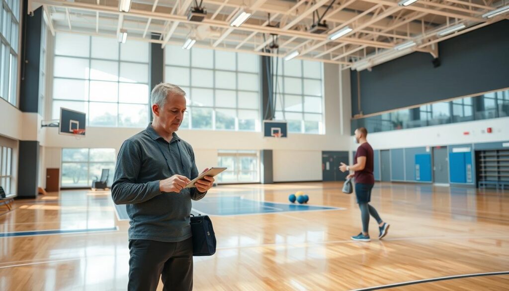 Nowoczesna sala gimnastyczna z nauczycielem WF wykorzystującym nowe technologie w nauczaniu