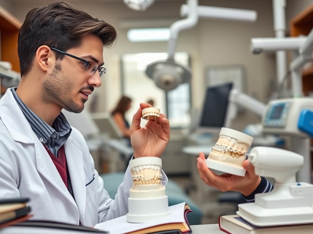Student stomatologii uczący się ortodoncji, studiujący modele zębów