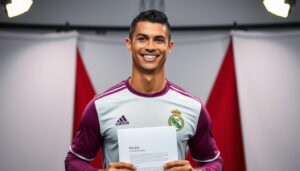 Cristiano Ronaldo w koszulce Al-Nassr z uśmiechem trzymający kontrakt - cristiano ronaldo zarobki