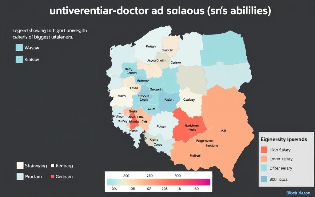 Mapa Polski pokazująca różnice w zarobkach doktorów na uczelniach w różnych regionach Mapa Polski pokazująca różnice w zarobkach doktorów na uczelniach w różnych regionach