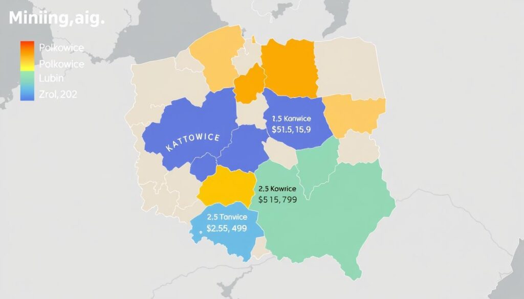 Mapa Polski pokazująca różnice w zarobkach górników w różnych regionach