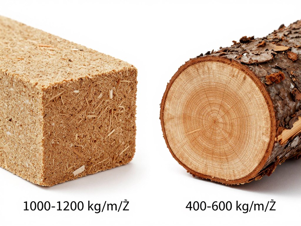 Porównanie gęstości brykietu (1000-1200 kg/m³) i drewna (400-600 kg/m³) - tona brykietu ile to drewna